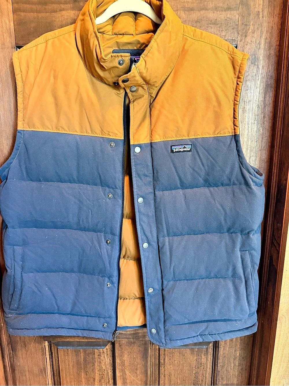 Patagonia Bivy Down Vest Color Block Puffer Vest in Blue & Orange Size Medium